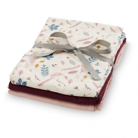 CamCam Muslin Cloth, Mix 3 Pack Mix Pressed Leaves Rose, Bordeaux, Blossom Pink (Muslin cloths)